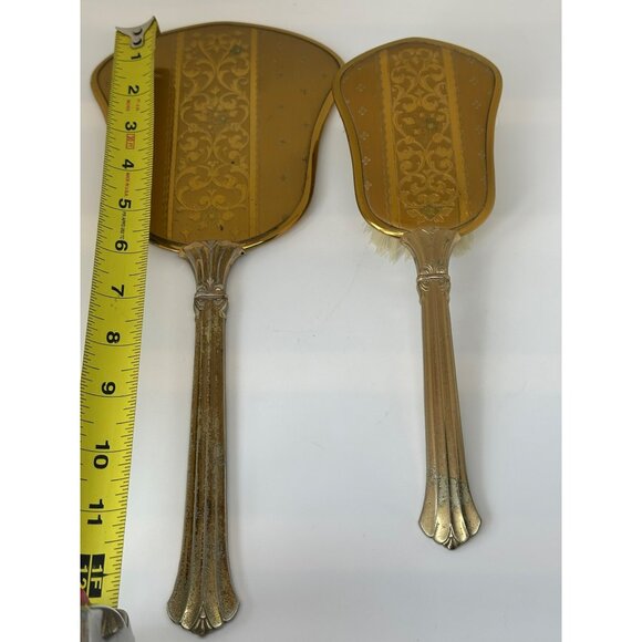 VTG Handheld Vanity Mirror & Brush Set Gold-Toned Floral Ornate Design Hollywood - Picture 6 of 7